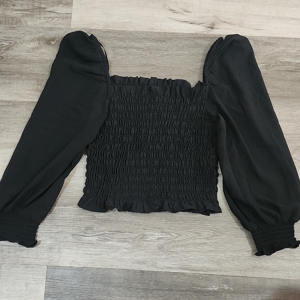 Divided Black Smocked Puff Sleeve Blouse